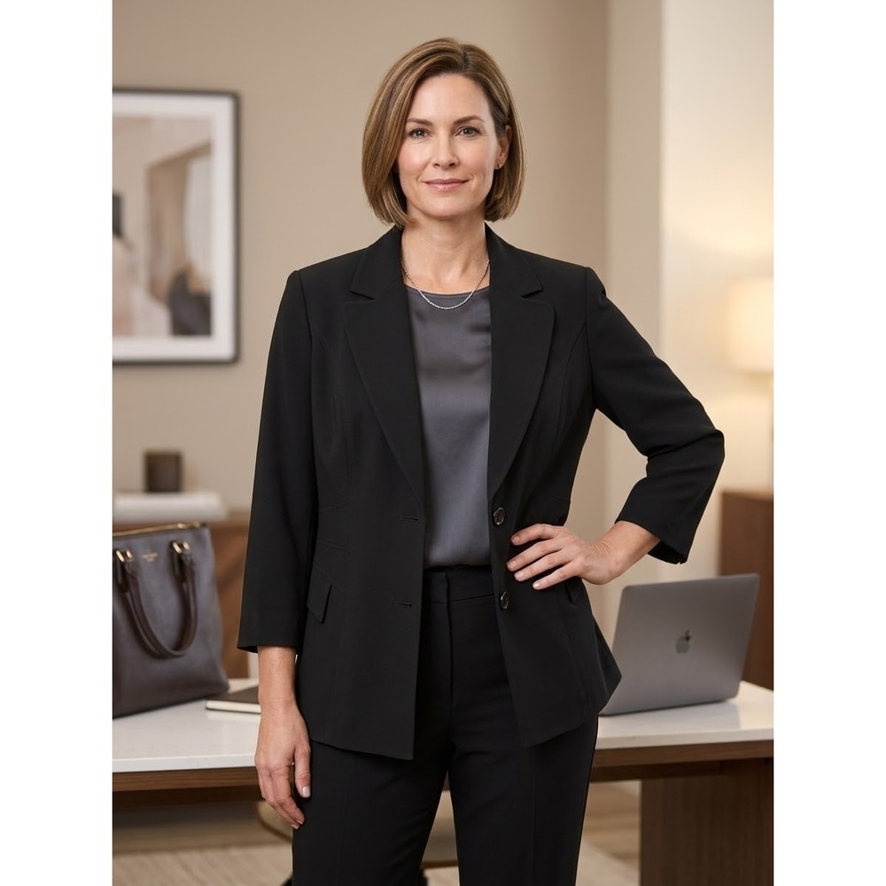 Two Button 3/4 Sleeve Louben Black Crepe Blazer Size 16